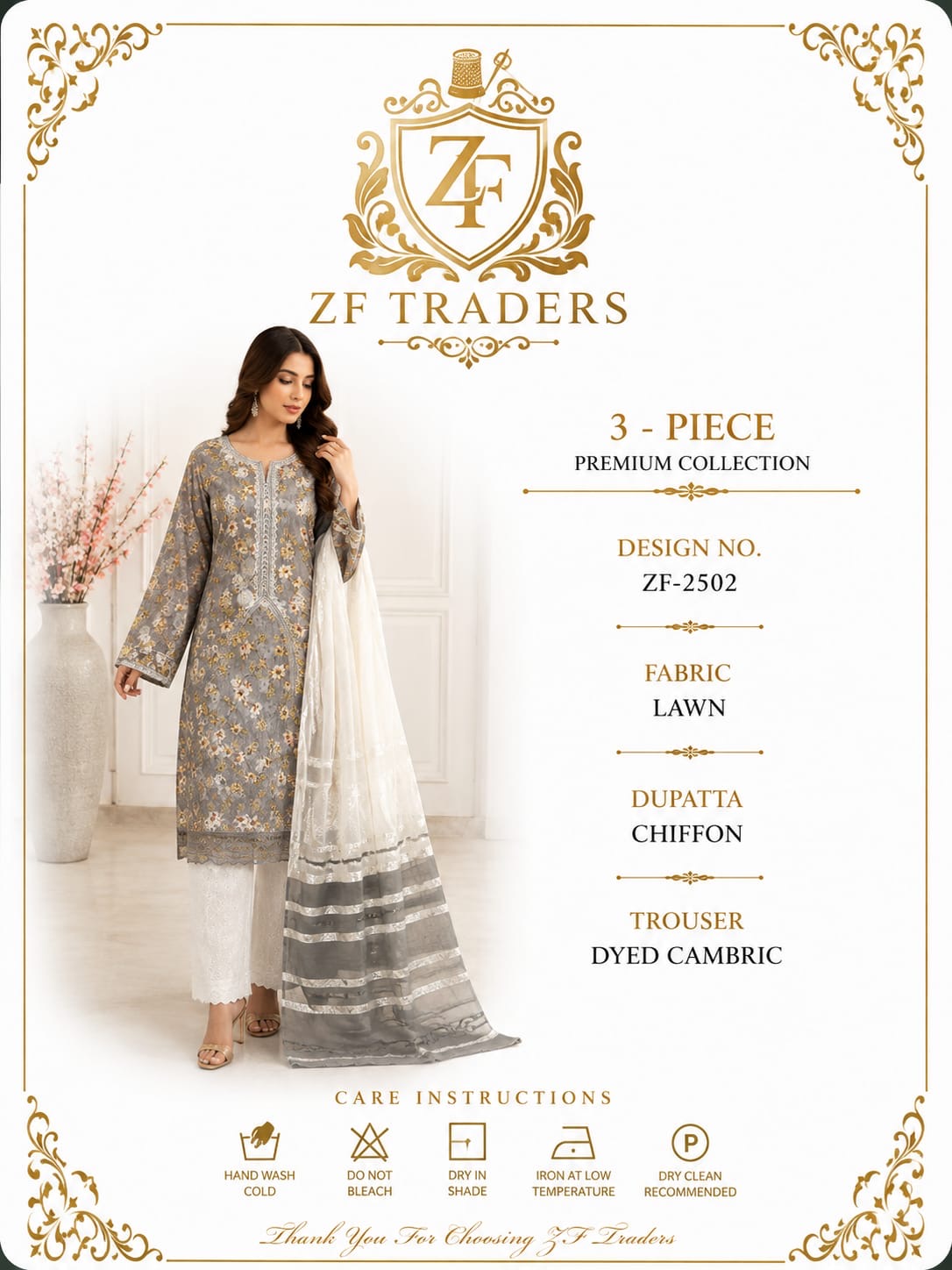 ZF Traders Premium Coral Pink 3-Piece Lawn Suit