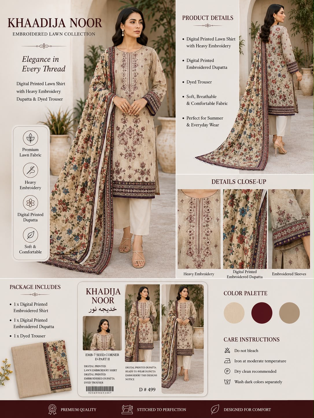 Khadija Noor Premium Embroidered Lawn 3 Piece Suit | Digital Printed Shirt, Embroidered Dupatta & Dyed Trouser