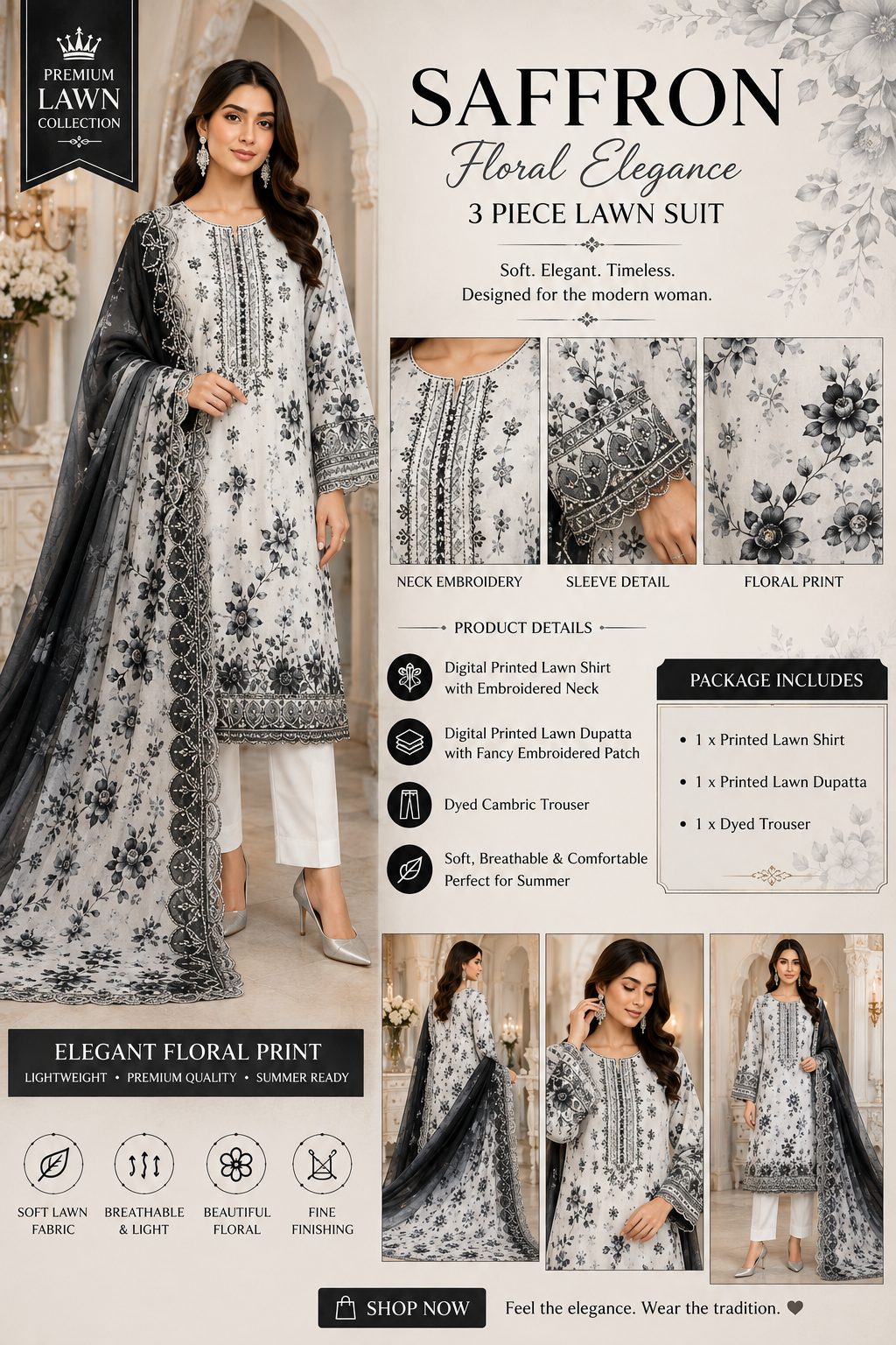 Saffron Floral Elegance – Premium 3 Piece Lawn Suit
