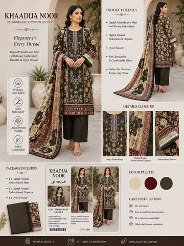 Khadija Noor Premium Embroidered Lawn 3 Piece Suit | Digital Printed Shirt, Embroidered Dupatta & Dyed Trouser