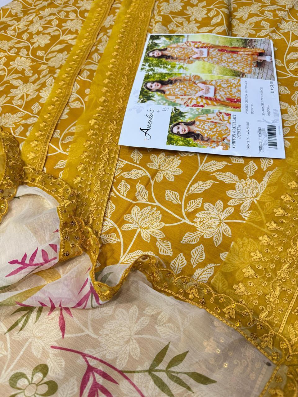 Mustard Floral Printed Lawn 3-Piece Suit with Chiffon 4 Patti Lace Dupatta